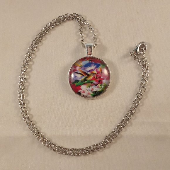 Silver Hummingbird Flowers Cabochon Pendant Chain Necklace Gift - Picture 3 of 3